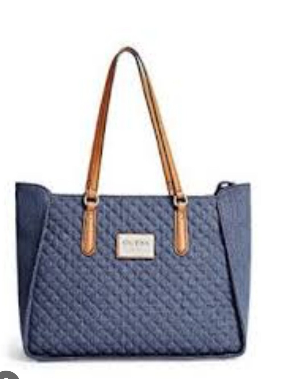 Guess Quilted Navy Tote Bag with Tan Handles
